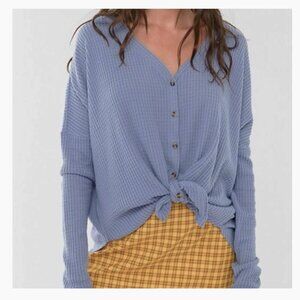 SO Sky Blue Long Sleeve Thermal Waffle Knit V-Neck Button Down Top Size Small